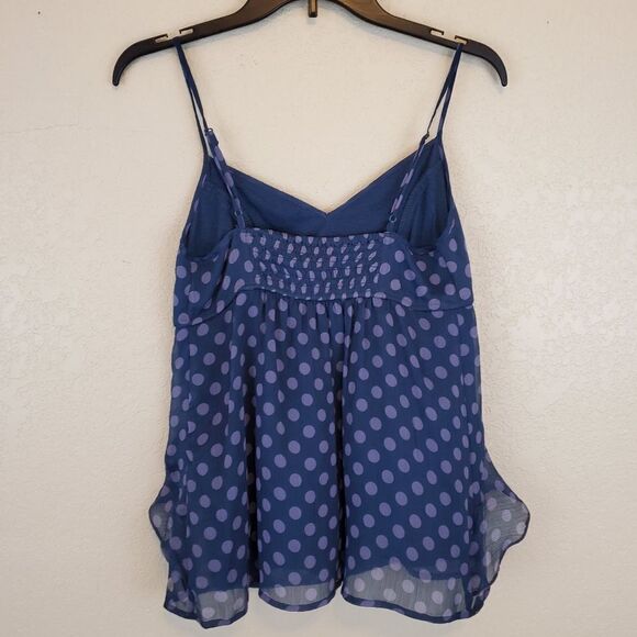 American Eagle Polka Dot Crepe Ruffled Navy V Neck Camisole Blouse Top - Picture 2 of 5